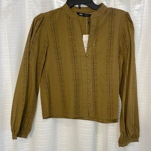 ZARA embroidered green long sleeve top